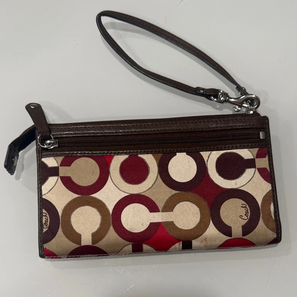 Coach Brown Multi Circle-Print Wristlet with Red Accents